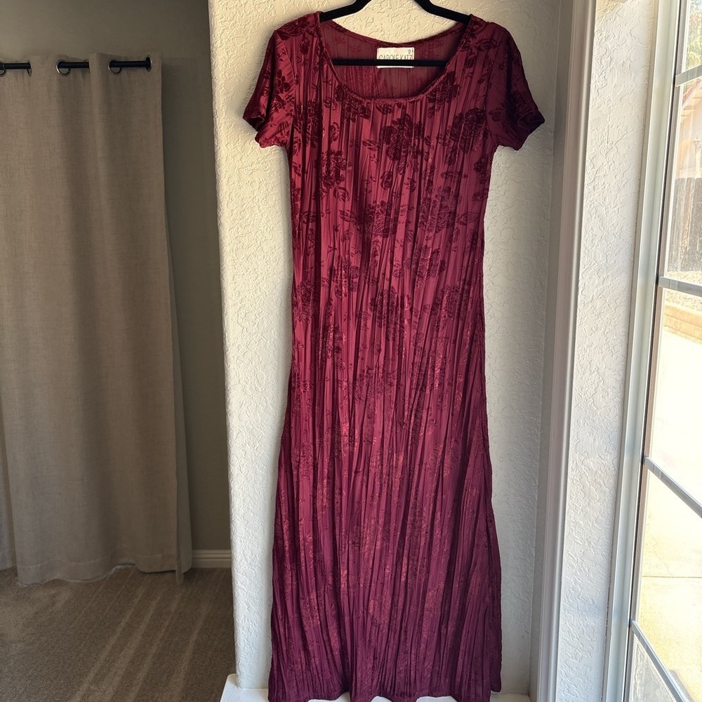 Womens Petite S/M Maxi Dress Vintage 90s Sheer Burgundy Romantic Velvet Floral